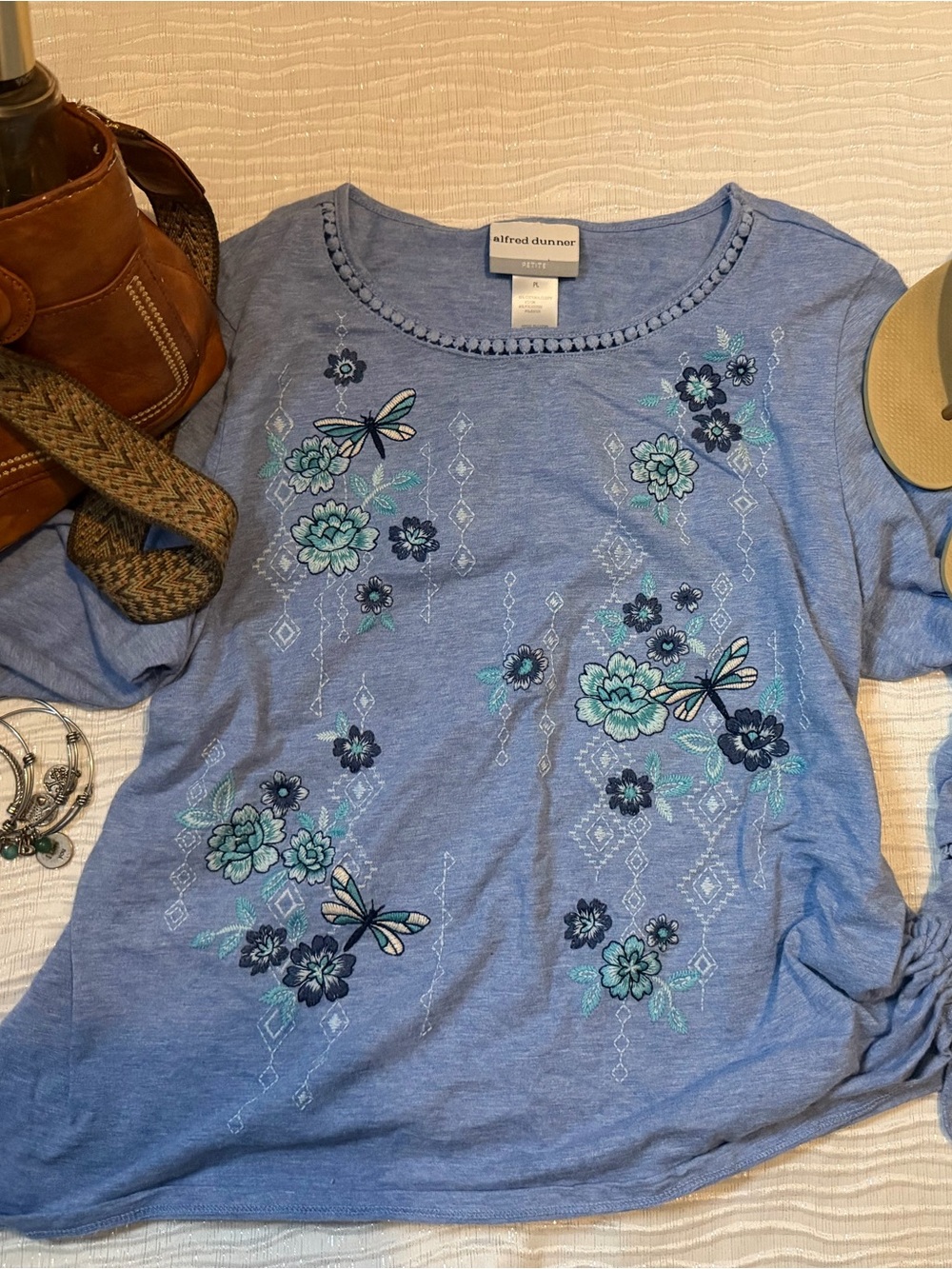 Alfred Dunner light blue floral & dragonfly embroidered short sleeve top